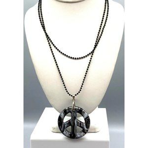 Dichroic Art Glass Peace Sign Pendant, Black White and Silver Swirl on Black